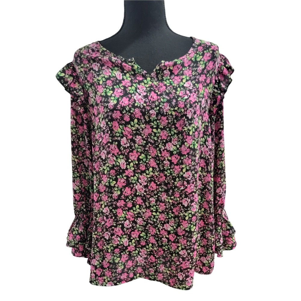 Counterparts Women XL Floral Ruffle Shoulder Bell Sleeve Blouse Pink Green Black